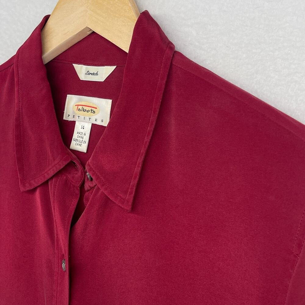 TALBOTS Top 14 Petite Stretch Silk Shirt Blouse Button Up Long Sleeve Red Vtg - Picture 6 of 11